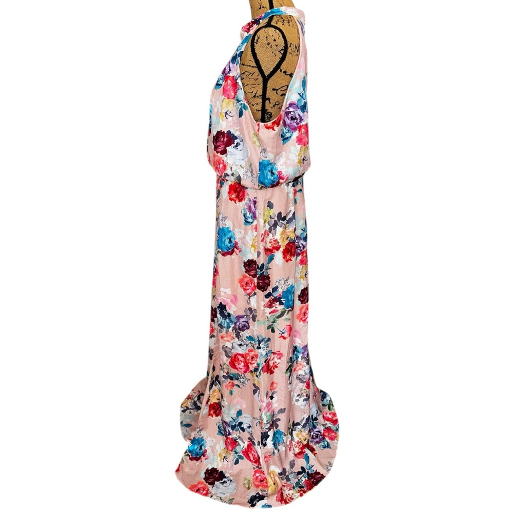 Adrianna Papell Dress Size 16 Blush Pink Floral Print Satin Jacquard Halter Gown - Picture 9 of 16
